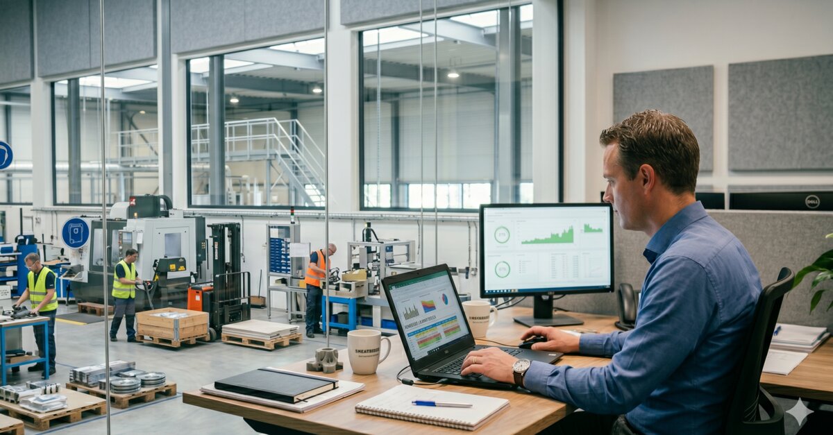 De productieplanner achter zijn laptop, de werkvloer op de achtergrond