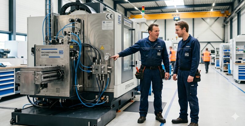 Twee monteurs in gesprek bij een machine op de werkvloer
